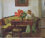 Anna Ancher Interior with poppies and reading woman oil